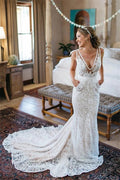 Baoleely V-neck Sleeveless Mermaid Backless Lace Pocket Wedding Dress With Court Train,MW398