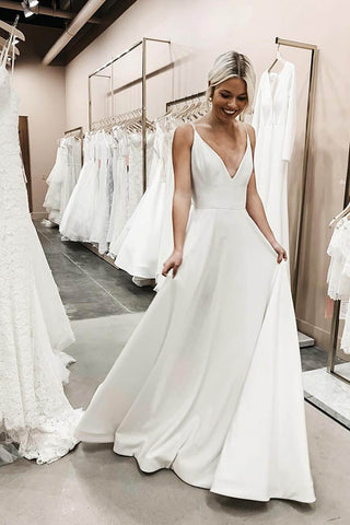 Baoleely V-neck Spaghetti Straps Soft Satin Long Wedding Dresses, Simple Wedding Dresses,MW399