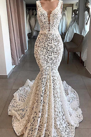 Baoleely Vintage Mermaid V-neck Open Back Ivory Lace Wedding Dresses, Elegant Wedding Gown,MW405