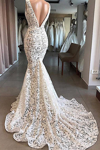 Baoleely Vintage Mermaid V-neck Open Back Ivory Lace Wedding Dresses, Elegant Wedding Gown,MW405