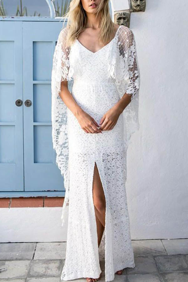 Batwing Sleeve Lace Rustic Wedding Dresses Ivory Sheath Boho Wedding Dresses