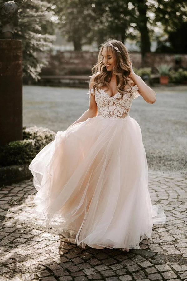 Baoleely Wonderful Appliqued A-line Wedding Dresses With Cap Sleeves Tulle Gowns,MW443