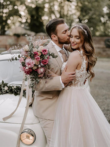 Vestidos de novia Baoleely Wonderful, corte A, con apliques, mangas casquillo y tul, MW443