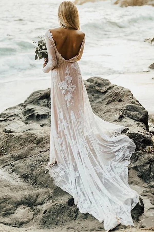 Baoleely Wonderful Backless A-line Long Sleeves Wedding Dress Boho Bridal Gowns,MW448