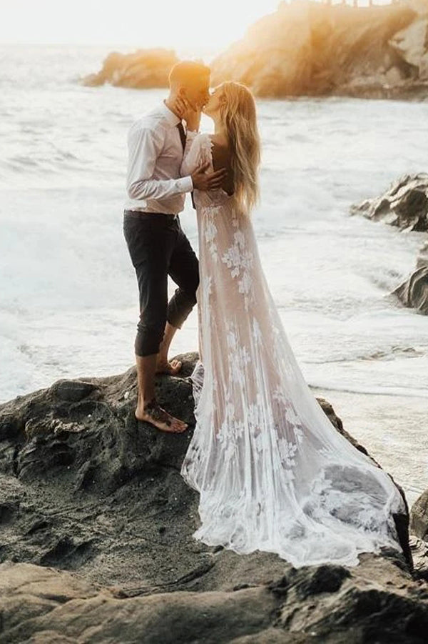 Baoleely Wonderful Backless A-line Long Sleeves Wedding Dress Boho Bridal Gowns,MW448