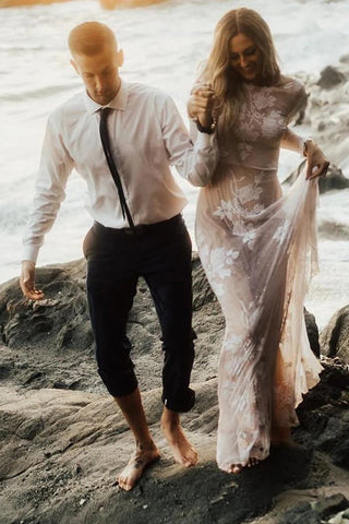 Baoleely – Magnifique robe de mariée dos nu, coupe trapèze, manches longues, style bohème, MW448