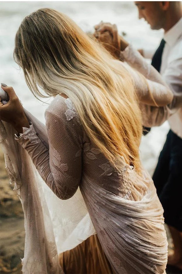 Baoleely Wonderful Backless A-line Long Sleeves Wedding Dress Boho Bridal Gowns,MW448