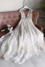 Baoleely White Tulle V-neck Sleeveless Open Back Long Lace Flower Wedding Dresses,MW462