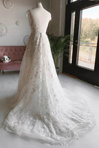 Baoleely White Tulle V-neck Sleeveless Open Back Long Lace Flower Wedding Dresses,MW462