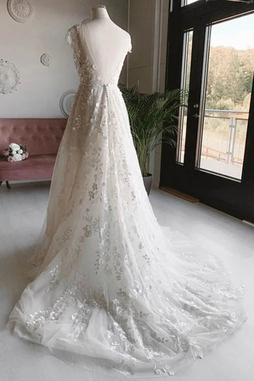 Baoleely White Tulle V-neck Sleeveless Open Back Long Lace Flower Wedding Dresses,MW462