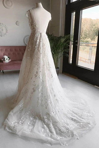 Vestido de novia largo de encaje floral con escote en V, sin mangas, espalda descubierta y tul blanco Baoleely, MW462