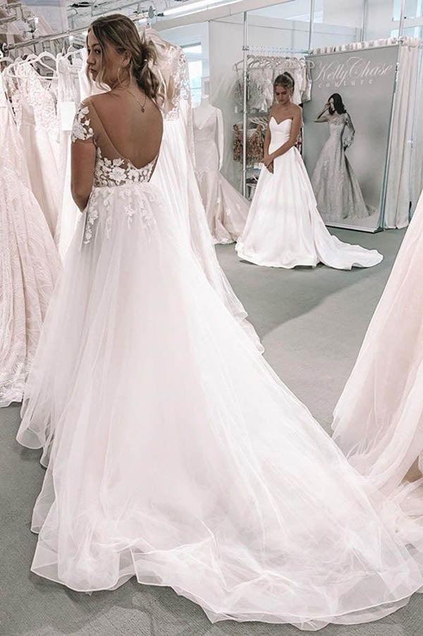 Baoleely V-neck Ball Gown Wedding Dress with Short Sleeves Backless Appliqued Bridal Gown,MW464