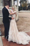 Tulle A-line V-neck Long Sleeve Lace Wedding Dresses with Train Prom Dress
