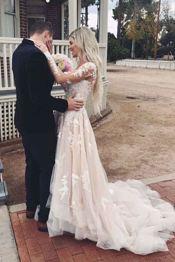 Tulle A-line V-neck Long Sleeve Lace Wedding Dresses with Train Prom Dress