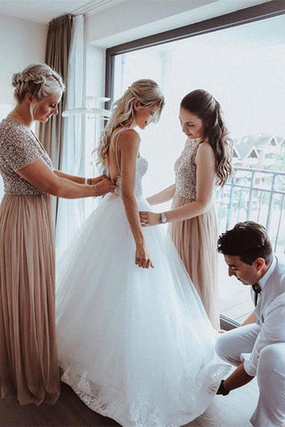 Baoleely Unique A-line Tulle Spaghetti Straps Backless Wedding Dresses Online, MW499