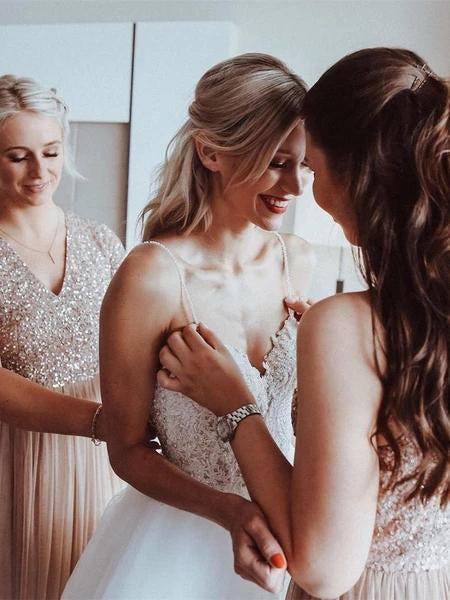 Baoleely Unique A-line Tulle Spaghetti Straps Backless Wedding Dresses Online, MW499