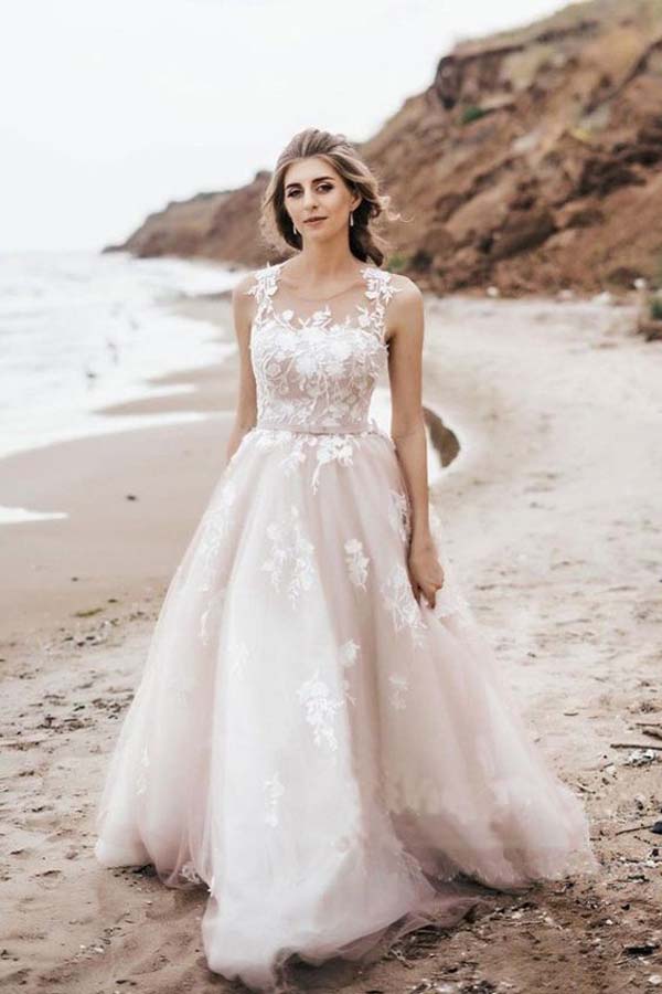 Baoleely Vintage A Line Tulle Lace Illustion Neckline Corset Back Wedding Dresses, MW508