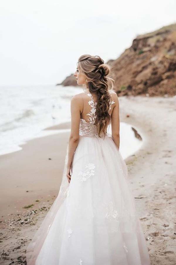 Baoleely Vintage A Line Tulle Lace Illustion Neckline Corset Back Wedding Dresses, MW508