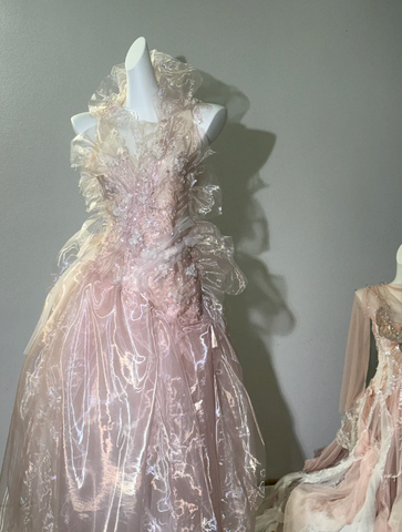 Vestido de fiesta largo de noche sin espalda, de tul rosa hada con cuentas Y8564