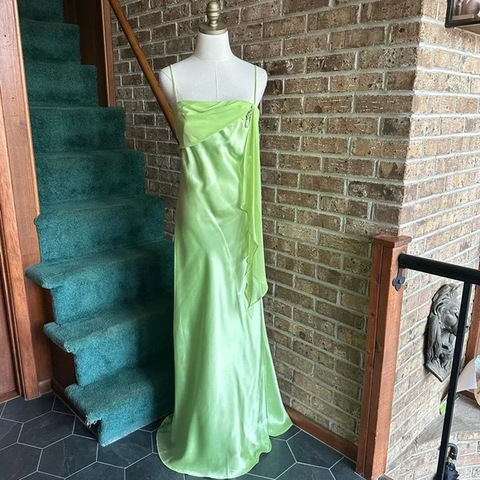 Simple Green Satin Chiffon Evening Dress Long Prom Dress Y8201