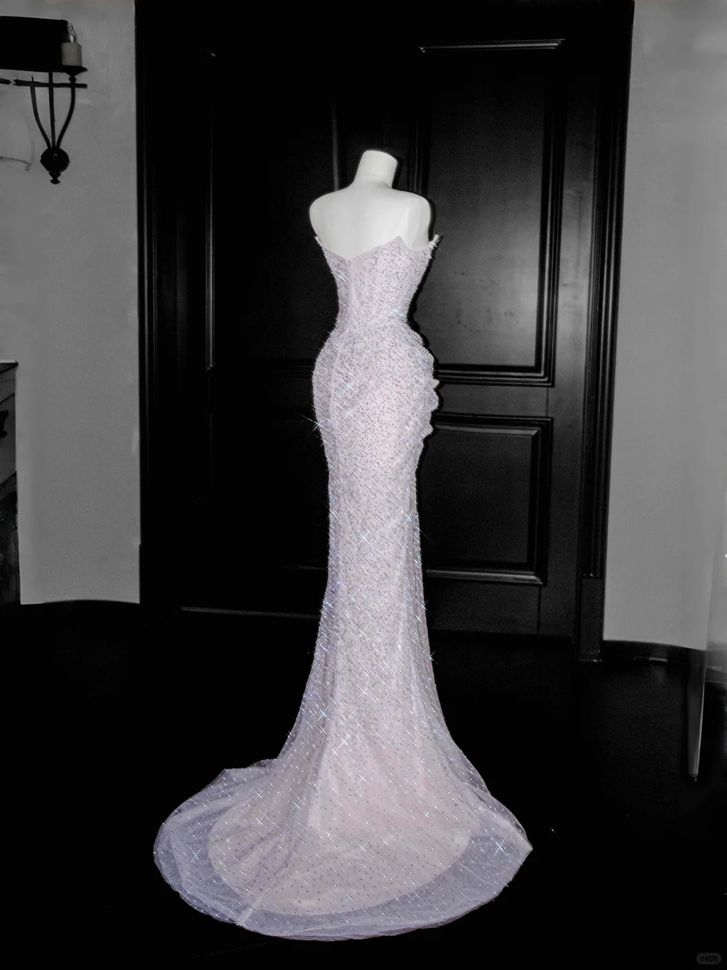 Vestido de fiesta de tul lila brillante con cuentas, vestido de noche de sirena sin tirantes Y8664