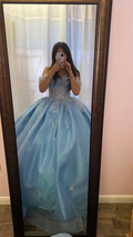 Vestido de gala azul con hombros descubiertos, vestido azul de quinceañera, vestido para fiesta de 16 años Y6508