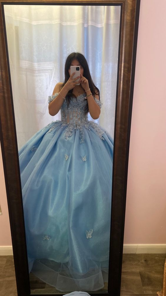 Vestido de gala azul con hombros descubiertos, vestido azul de quinceañera, vestido para fiesta de 16 años Y6508