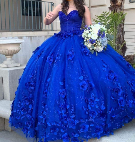 Vestido de quinceañera azul real con flores 3D y cristales, con apliques, estilo dulce 16, modelo Y4089
