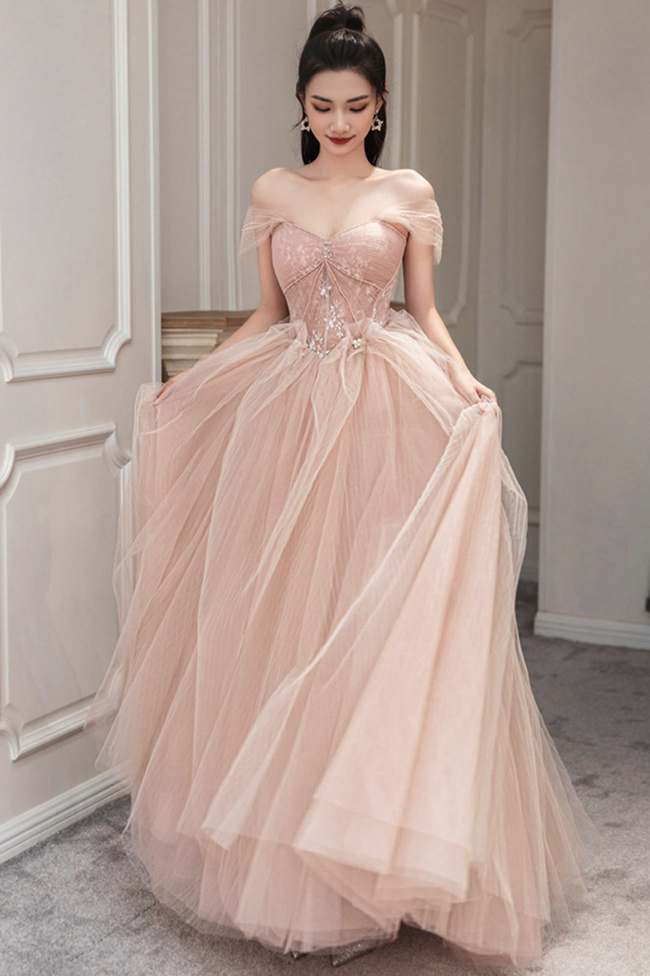 Robe de bal longue en tulle rose, robe de soirée rose Y1825