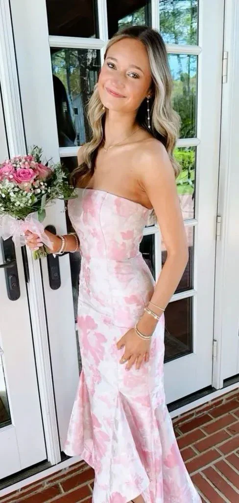 Robe de soirée sirène en satin rose poudré à imprimé floral Y7828