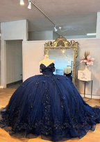 Precioso vestido de fiesta azul marino con apliques de tul, vestido de gala brillante para cumpleaños Y7837