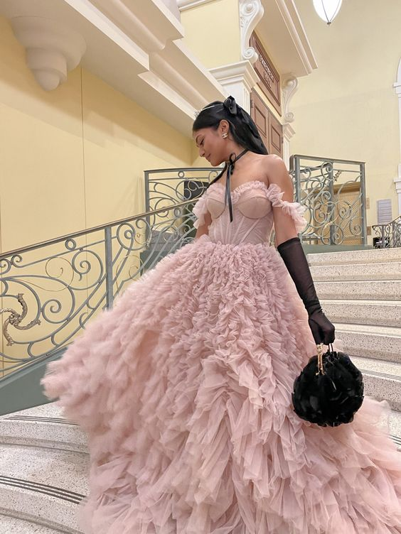 Vestido de noche de tul con escote corazón, color rosa sucio, estilo princesa, con volantes largos, para mujer, modelo Y4661