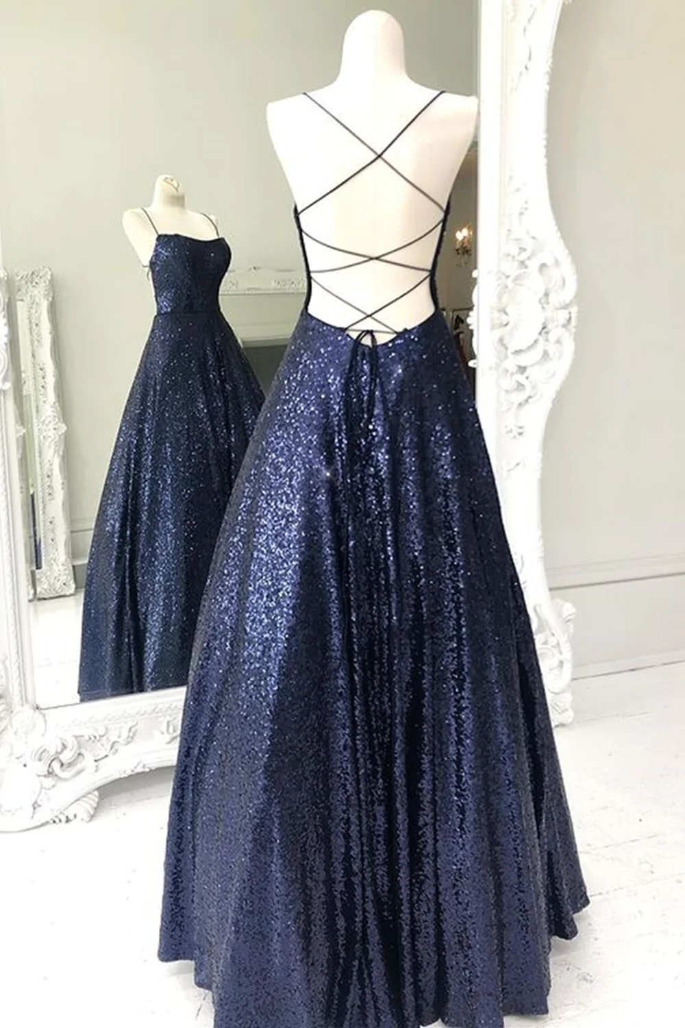 Vestidos largos de fiesta azul marino brillantes sin espalda, vestidos largos de noche formales azul marino con espalda descubierta Y875