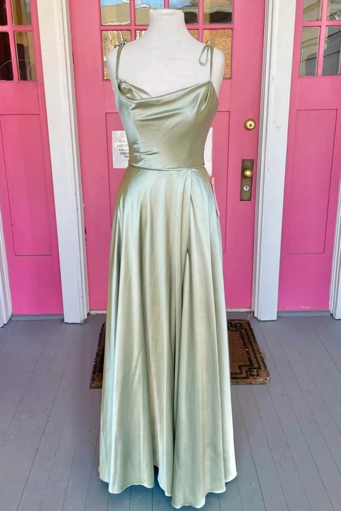 Robe de bal longue en satin sauge dos nu avec fente haute, robe de soirée longue sauge formelle pour remise de diplômes Y207