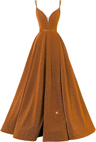 Robe de bal longue à paillettes et bretelles spaghetti, col en V, Y871