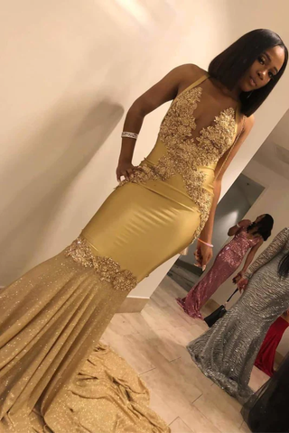 Robe de soirée longue sirène sans manches à col halter et traîne balayée, ultra brillante Y472