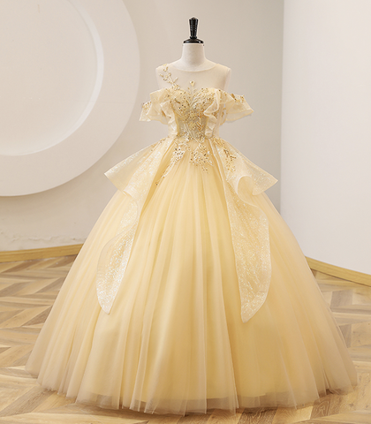 Vestido de gala amarillo con cuentas para quinceañera, vestido largo formal amarillo Y4045