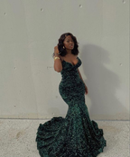 Robe de bal sirène sexy à paillettes, longue robe de soirée vert foncé pour femme, Y4329