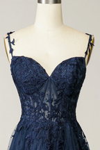 Vestido de fiesta azul marino corte A, encaje y tul, modelo Y382