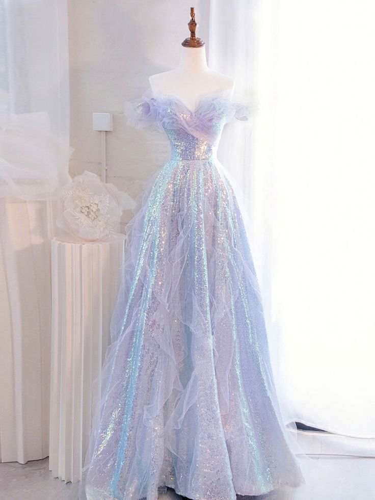 Robe de bal longue en tulle à sequins violet à épaules dénudées, robe de soirée formelle Y5864