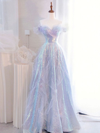 Robe de bal longue en tulle à sequins violet à épaules dénudées, robe de soirée formelle Y5864