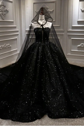 Sequin Shiny Strapless Black Ball Gown Princess Prom Dresses Y56