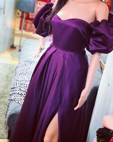 Vestido de noche morado de corte A con mangas abullonadas Y5769