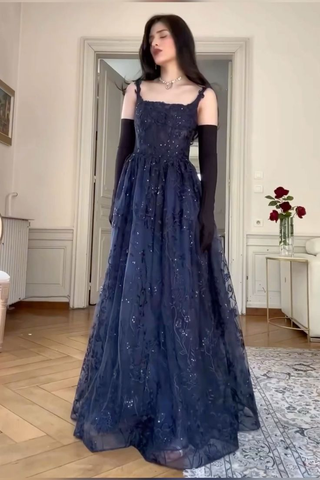 Vestido de fiesta azul marino corte A con apliques de encaje, elegante vestido de noche Y7830