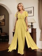 Combinaison-pantalon robe de soirée longue en mousseline à col en V