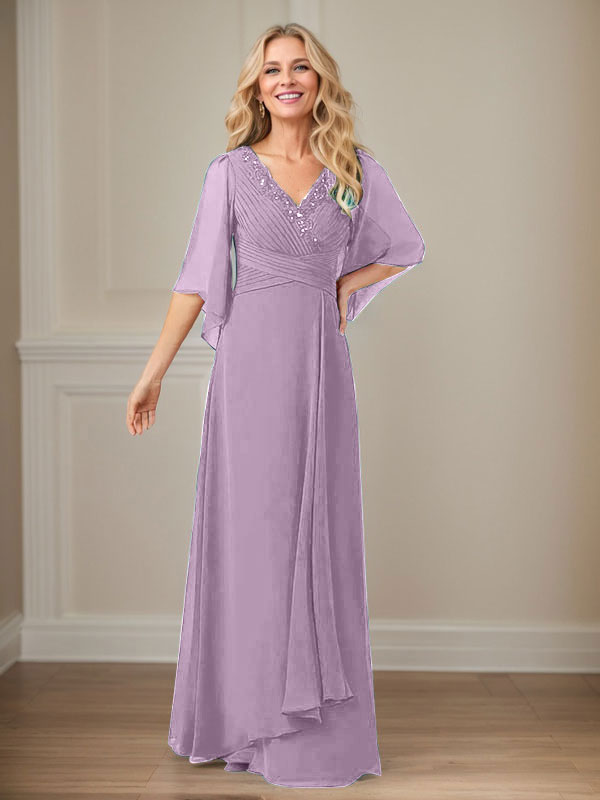 Vestido de mamá largo de gasa con lentejuelas, escote en V y corte en A