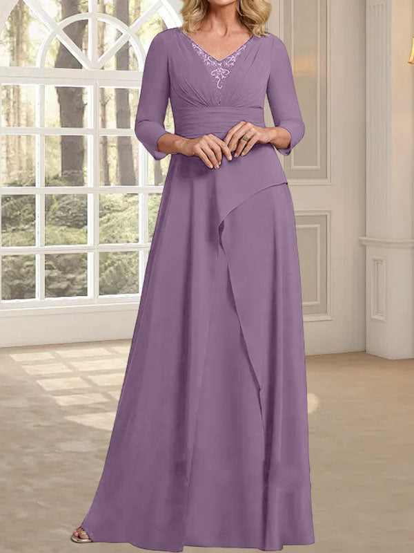 Vestido de gasa de corte A, escote en V, largo hasta el suelo, para la madre de la novia, con plisados ​​y cuentas.