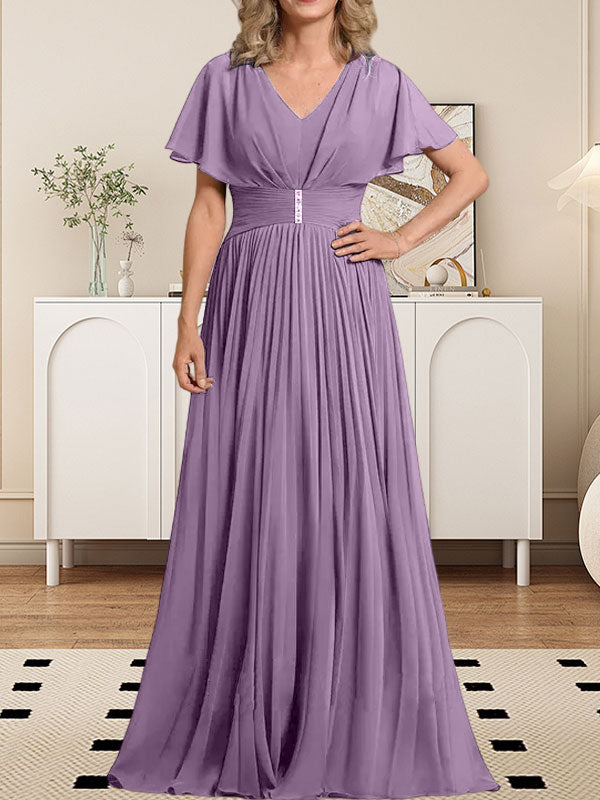 Vestido de gasa de corte A, escote en V, largo hasta el suelo, para la madre de la novia, con broche de cristal y pliegues. 