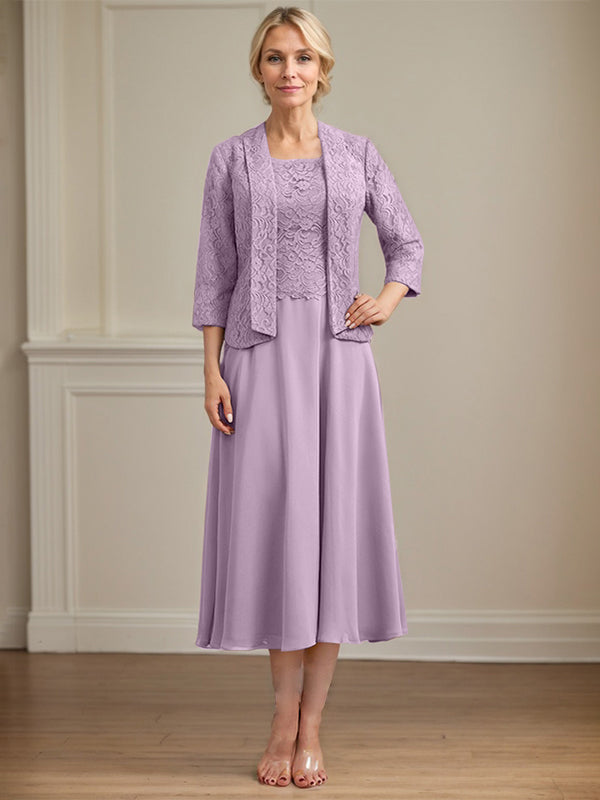 Vestido de corte A con escote redondo y largo hasta la rodilla en gasa de encaje para la madre de la novia 
