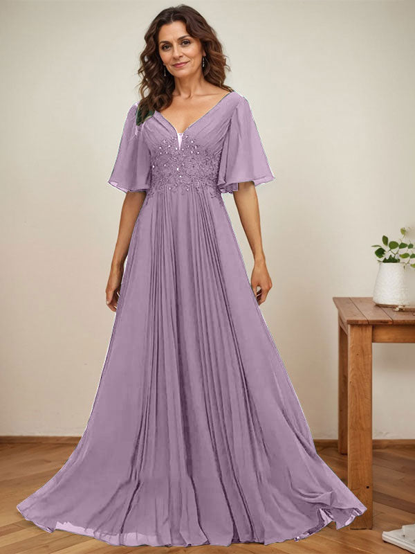 Vestido de corte A, escote en V, largo hasta el suelo, de gasa, para la madre de la novia, con apliques de lentejuelas y encaje plisado. 